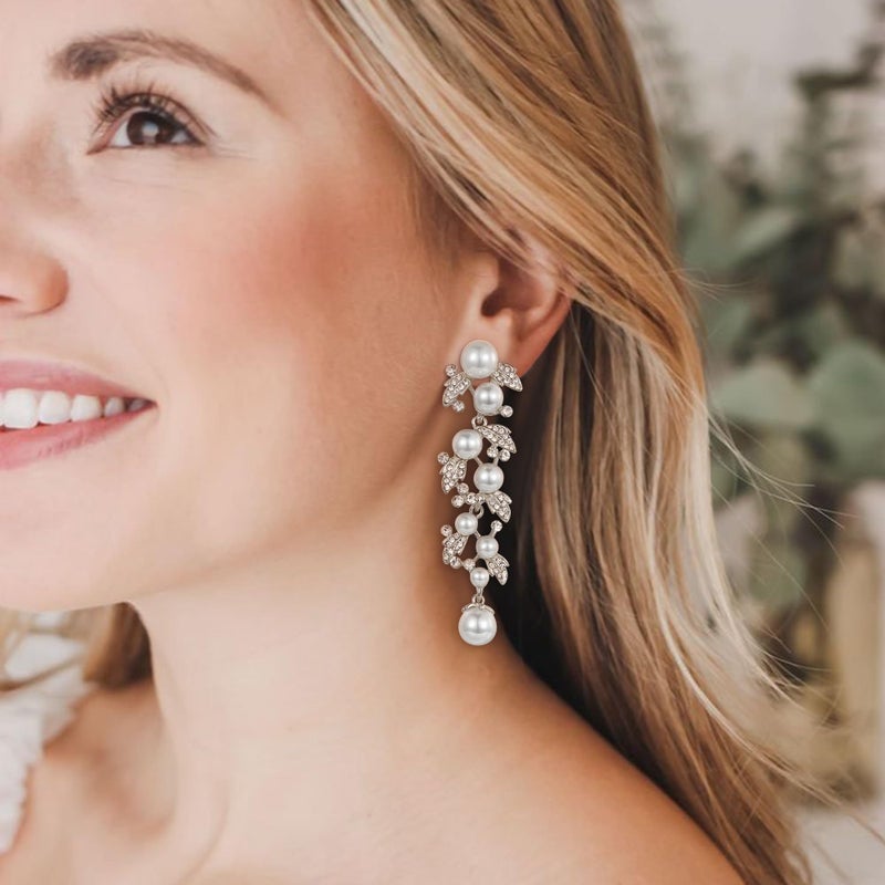 EVER FAITH Austrian Crystal Wedding Jewelry White Simulated Pearl Leaf Bridal Dangle Earrings for Women Bride Clear Silver-Tone - Image 3